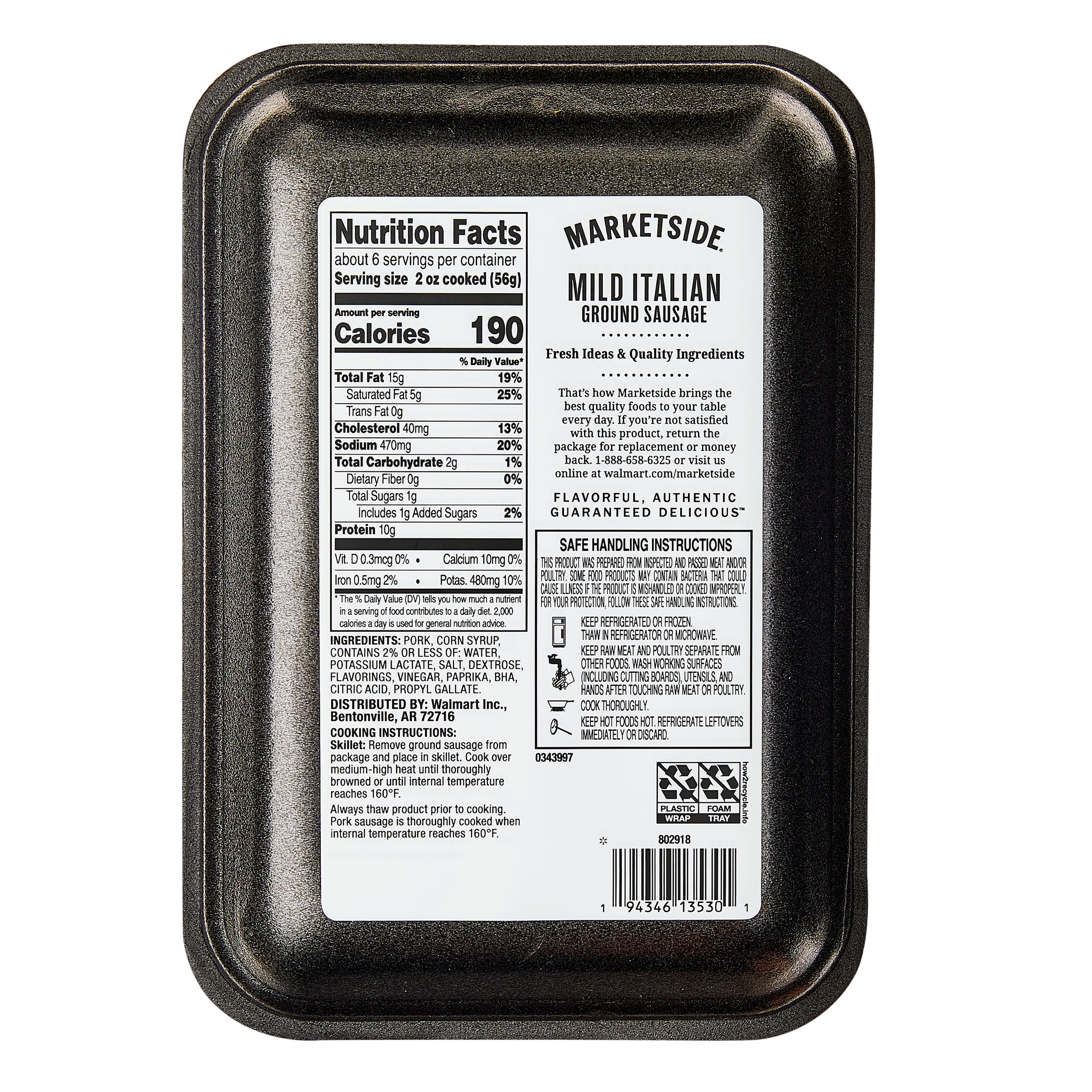 Marketside Mild Ground Italian Sausage, Pork, 1 lb (Fresh)