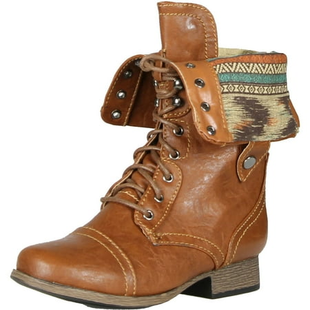 

Wild Diva Women Jetta-25F Lace Up Combat Military Boots With Foldable Cuff Whisky 5