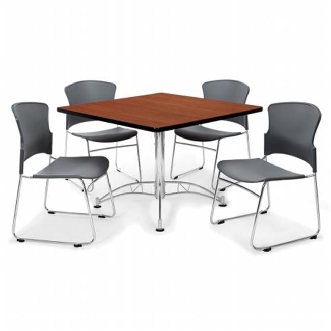 PKG-BRK-023-0015 42 Round Metal Mesh Base Multi-Purpose Table in Mahogany 4 Rico Stacking Chairs in Burgundy OFM Core Collection Breakroom Bundle