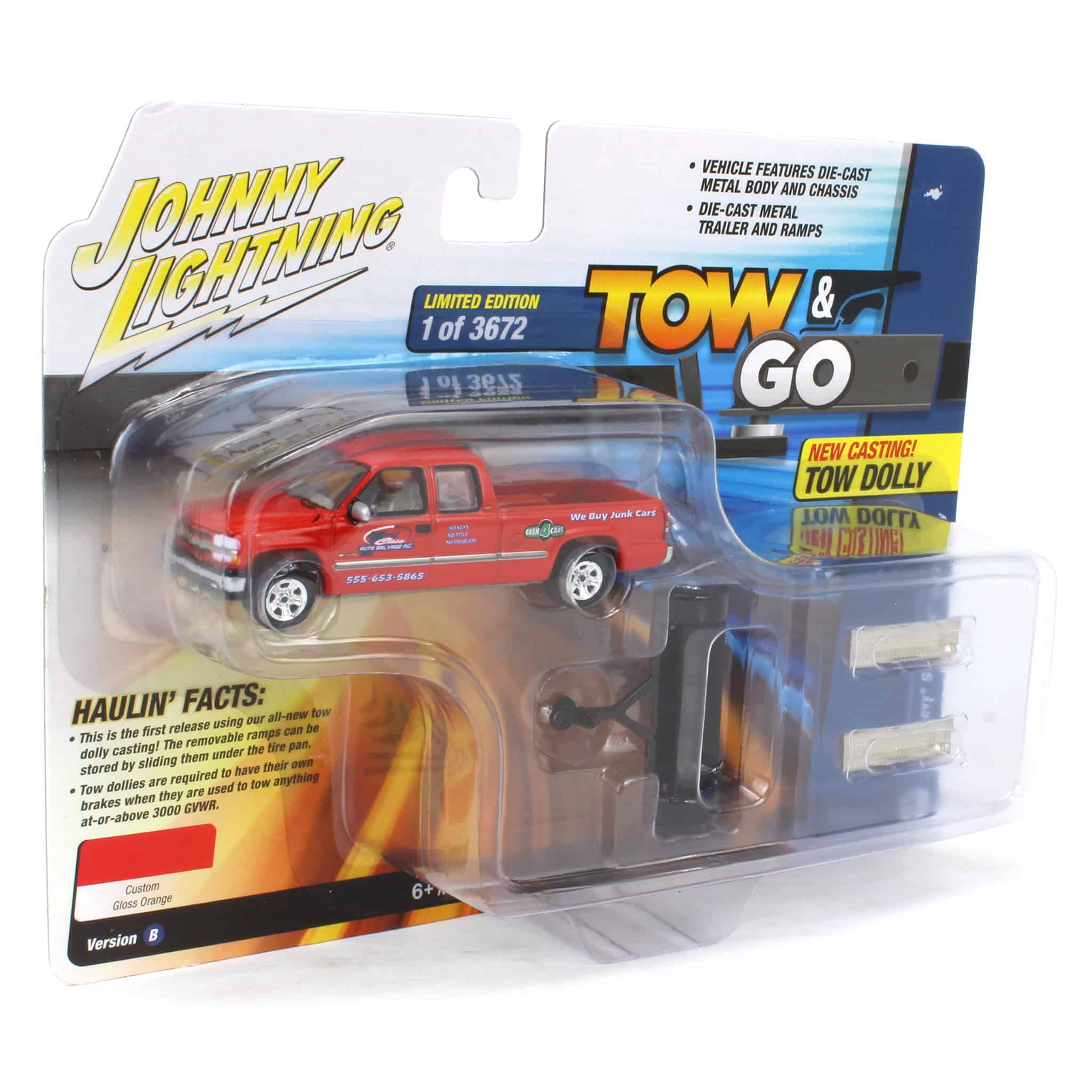 DONALDネイビー４L.オレンジ４L 1/64 2002 Chevy Silverado with Tow Dolly Johnny Lightning