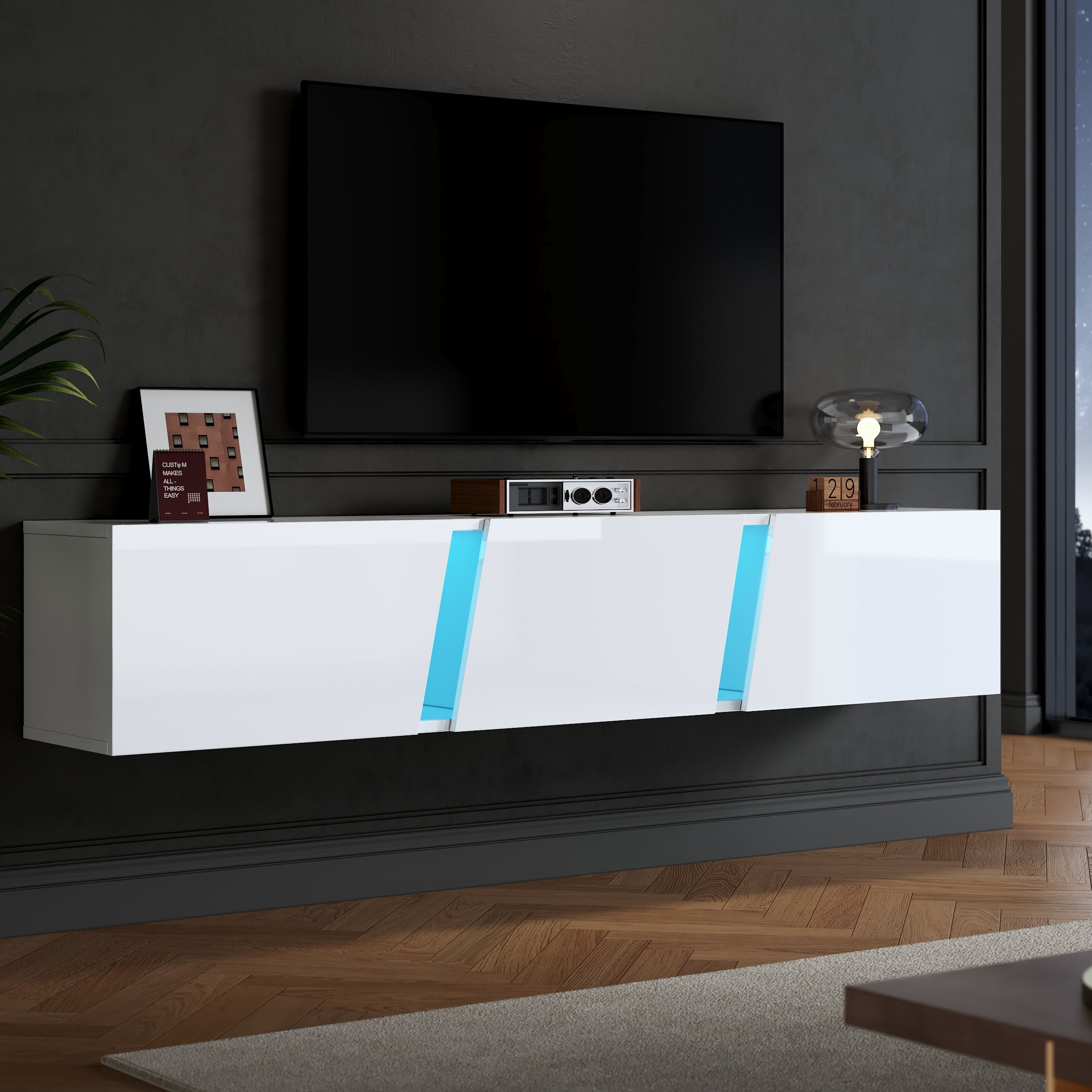 Noble House 64.9" Wall-Mounted Lowboard TV Cabinet,LED Lights with 3 Cabinet Doors for 65" TV,White
