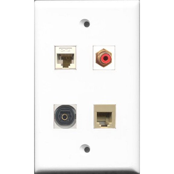 RiteAV 1 Port RCA Red and 1 Port Phone RJ11 RJ12 Beige and 1 Port Toslink and 1 Port Cat6 Ethernet White Wall Plate
