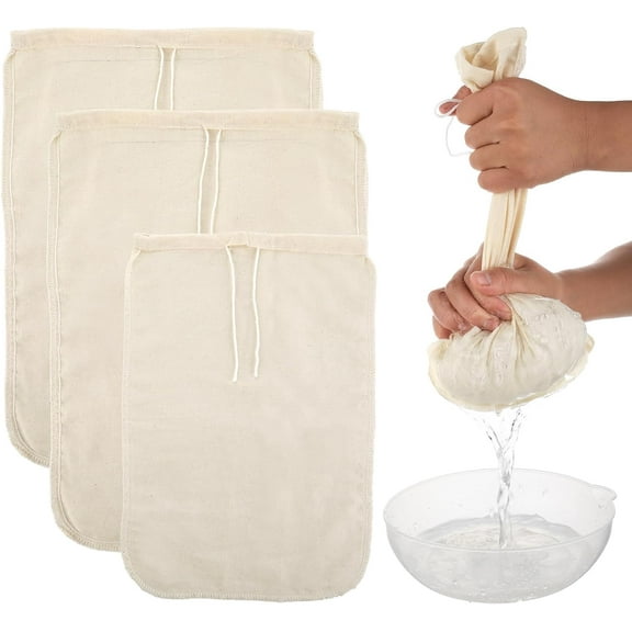3 Pack Cotton Nut Milk Bags Fine Mesh Reusable Cheese Cloth Food Yogurt Strainer Cheesecloth Bag Cold Brew Bags for Cheese Making Coffee Straining Juice Juicing