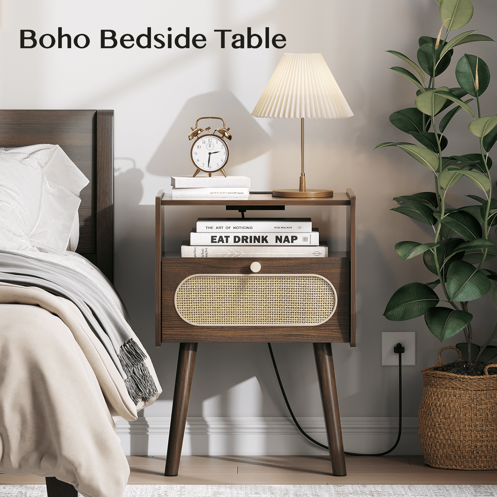 JOINICE Nightstands with Charging Station, Set of 2, Mid-Century Modern End Tables, Dark Walnut
