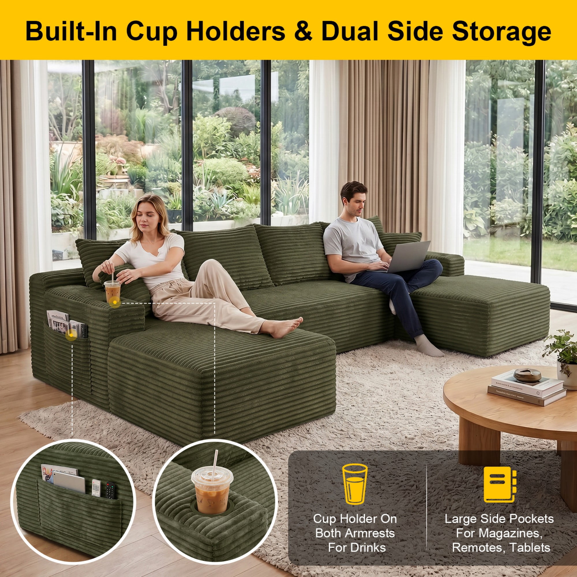 DEALTOPS 134" Corduroy U-Shape Modular Cloud Couch, Double Chaise Sectional Sofa with Cup Holders, Green