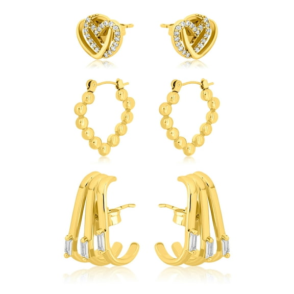 JeenMata Multiple 3 pcs Intricate Love Knot and Beaded Hoop Earrings Set in Yellow Gold Plated
