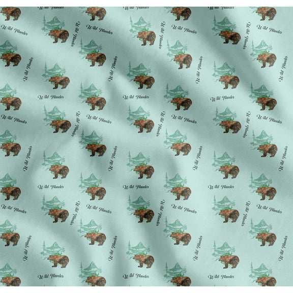 Soimoi Green Cotton Voile Fabric Bear & Text Print Sewing Fabric Yard 42 Inch Wide