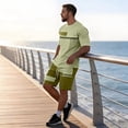 thumbnail image 5 of Mens 2 Piece Casual Beach Outfits Short Sleeve Crew Neck T-Shirts Drawstring Elastic Waist Shorts Outfits with Pockets Color Block Outfits Summer Beach Vacation Breathable Athletic Tracksuit,Green L, 5 of 6