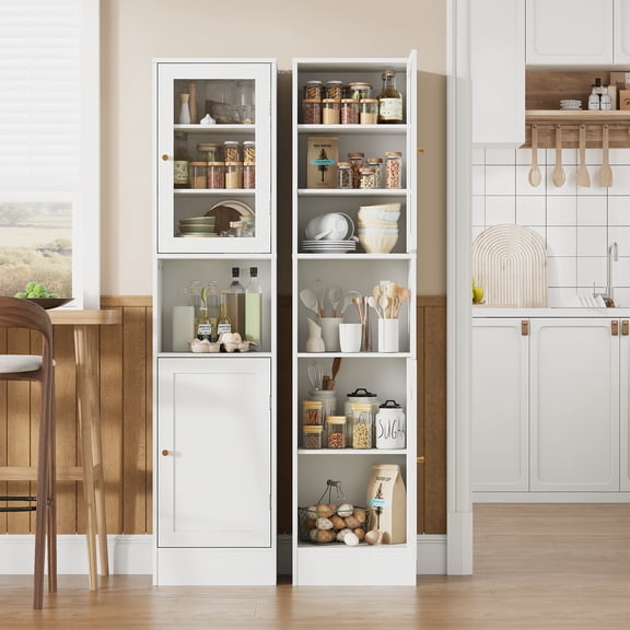 Tall Slim Bathroom Storage Cabinet with Glass Doors – Adjustable Shelves, Anti-Tip Design – Freestanding Linen Organizer for Bathroom, Kitchen, Laundry, Living Room – Space-Saving – White