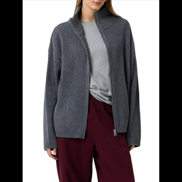 Chaqueta de Punto para Mujer, Estilo Clásico, Informal, con Cuello Alto, Cremallera y , de Color Liso. Gris Oscuro Talla Única