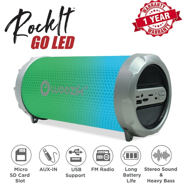 Woozik Rockit Go / S213 Portable Haut-Parleur Bluetooth Extérieur Intérieur avec des Lumières LED Dansantes, Carte Micro SD, USB, aux, Radio FM, Batterie Rechargeable, Sangle (Led-Argent)