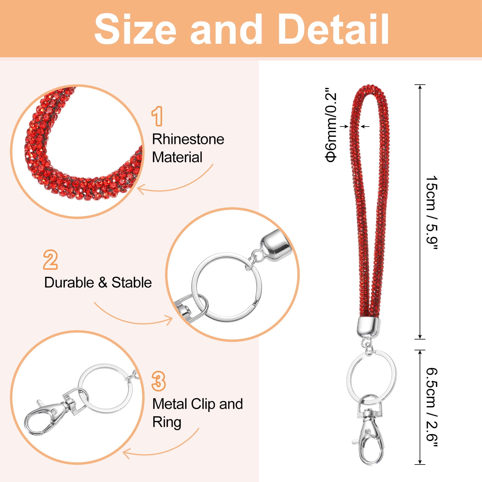 Unique Bargains Crystal Lanyard and Wrist Strap with Metal Clasp and Keyring Red