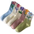 thumbnail image 1 of 5 Pairs Tulip Flower Embroidered Socks, Mid-Tube Socks for Women, Tulip Flower Pattern Cotton Socks, 1 of 5