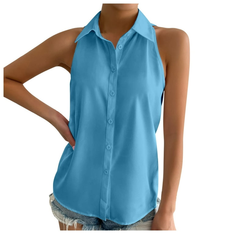 Riforla Women's Sleeveless Button Down Shirts Blouses Solid Casual