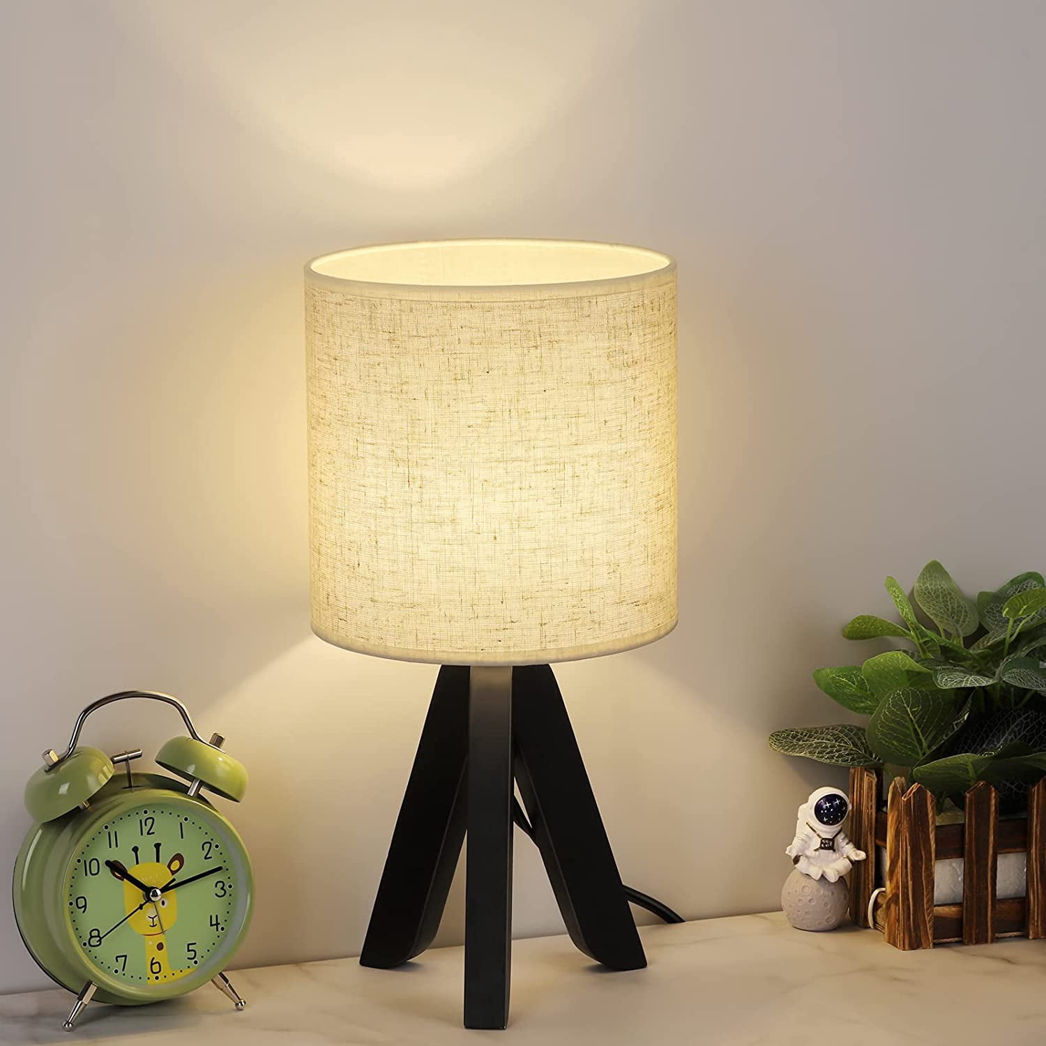 Small Table Nightstand Lamp with Black Wooden Tripod Base, Linen Shade