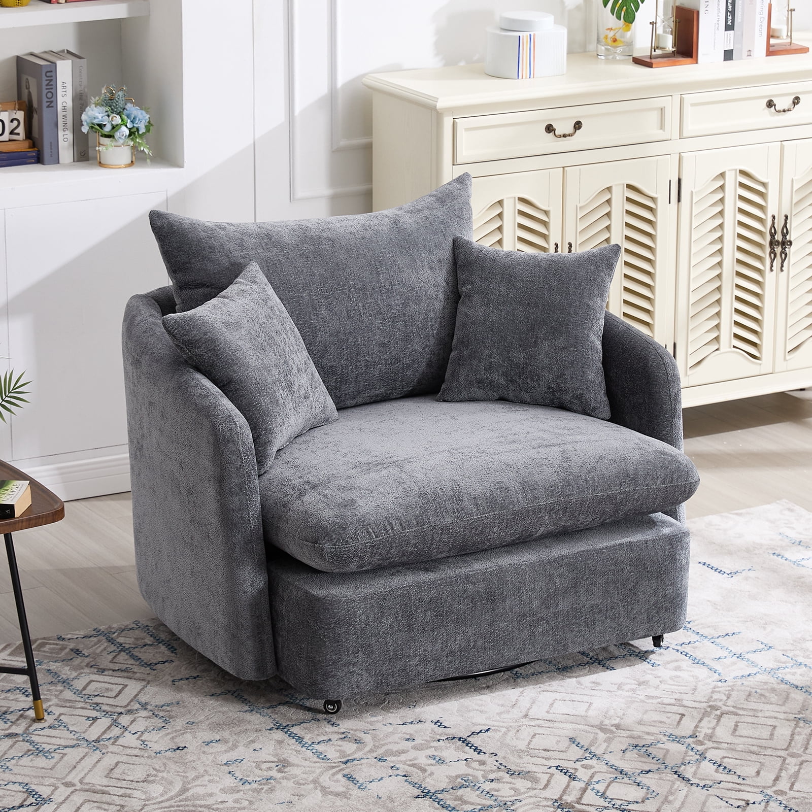 44.6" W Oversized Swivel Armchair with Ottoman,37.8" Large Seat Width Accent Chair with 3 Pillows