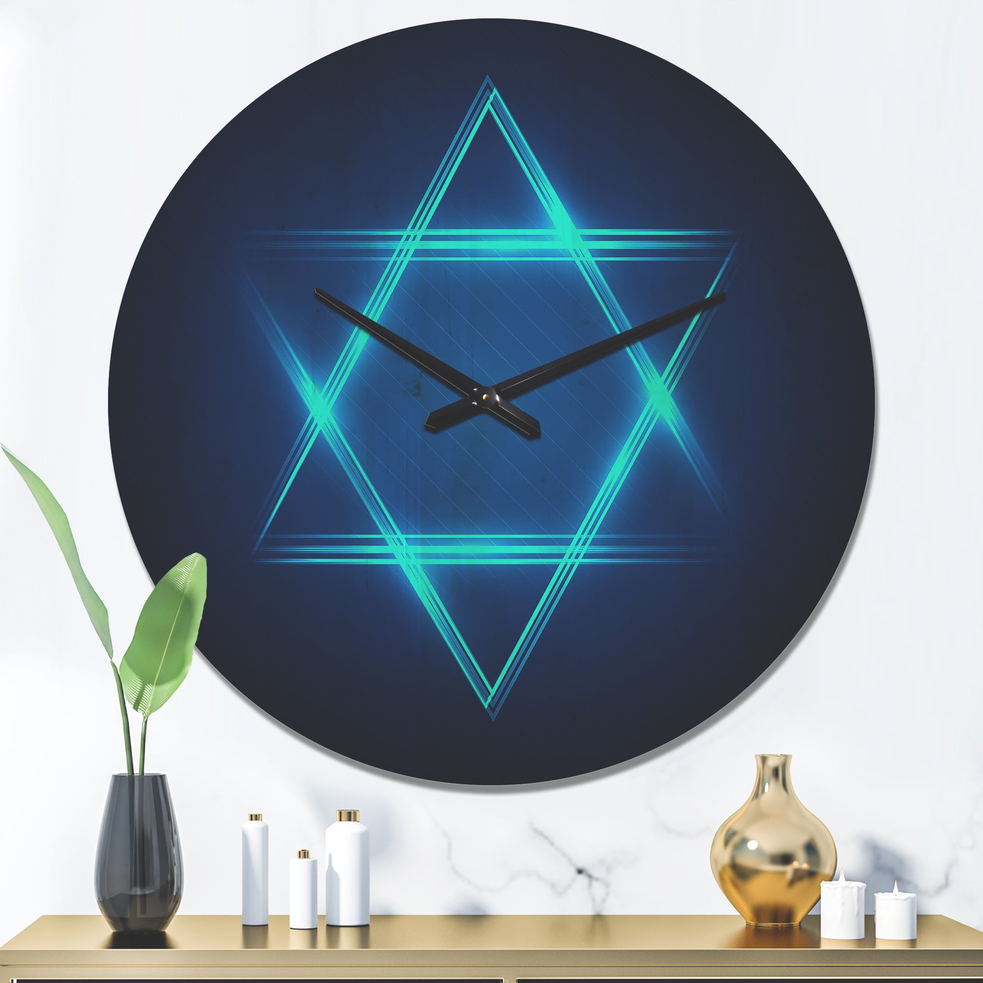 Designart 'Blue Neon Star of David' Modern Wood Wall Clock
