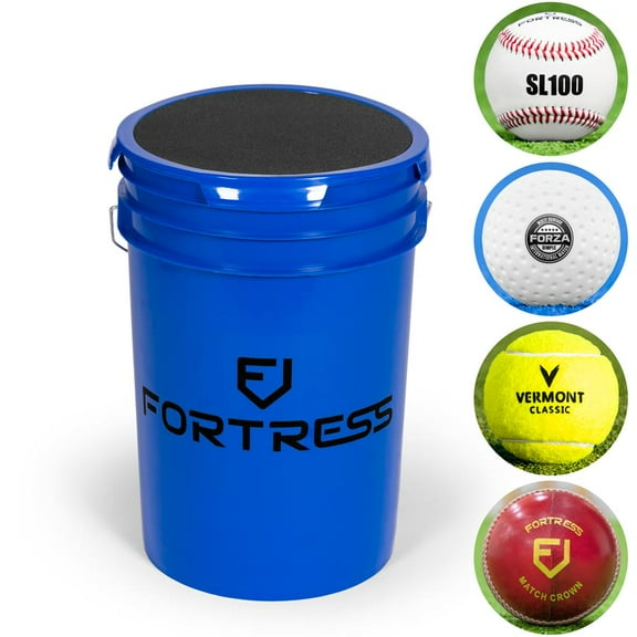 FORTRESS Ball Bucket with Cushioned Lid | Durable Heavy-Duty Plastic Bucket for Sports Balls with Comfortable Foam Seat Lid - Ideal for Baseball, Softball and Cricket Practices