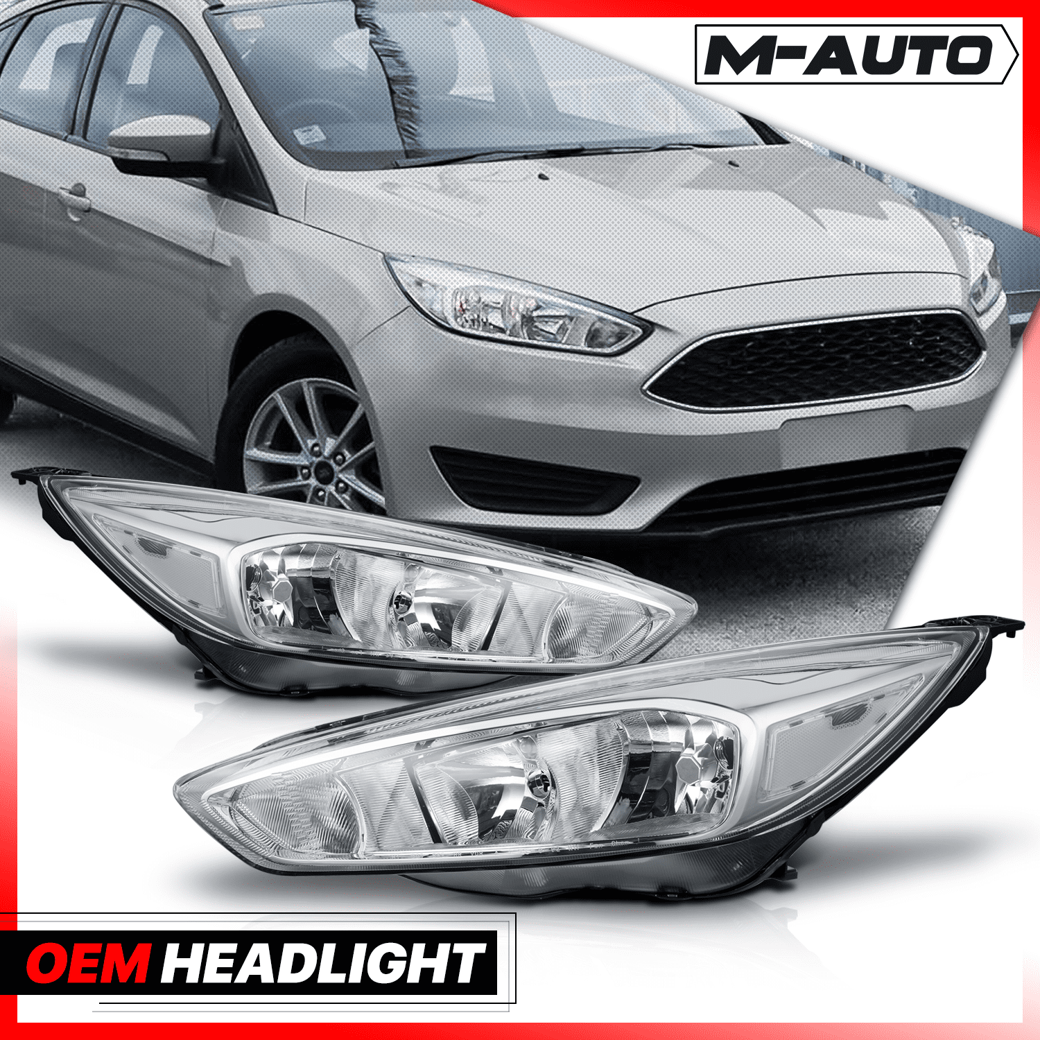 M-AUTO Headlights Assembly for Halogen Model 2015 2016 2017 2018 Ford Focus, Chrome Housing Clear Lens Clear Corner
