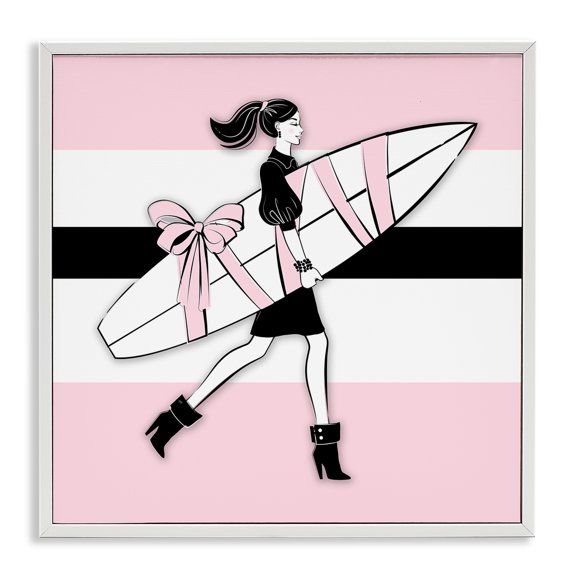 Stupell Industries Glam Girl With Surfboard Novelty Painting White Framed Art Print Wall Art, 17 x 17