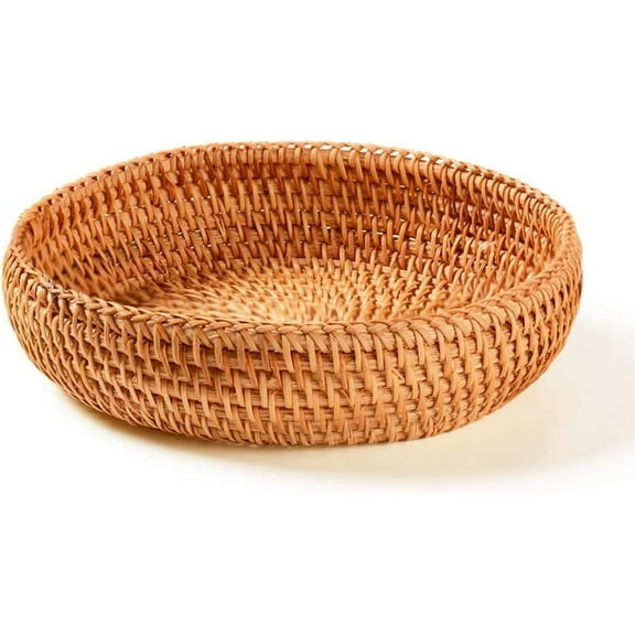 Hadewoven Round Rattan Fruit Basket Wicker Food Tray Weaving Storage Holder Dinning Room Bowl, 7”Decorative Natural Basket Woven Fruit Basket Bowl for Entryway Table, Countertop (Small 7”)