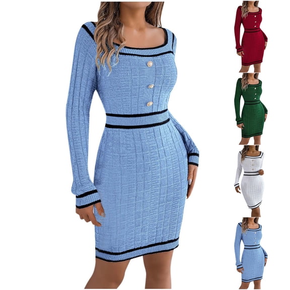 YHAJDS Women Midi Dresses Long Sleeve Dress Casual Dress Neck Button Detail Sweater Dress Bodycon Knee Length Dress for Women Warm Soft Fabric Suitable for Fall Winter Casual Gatherings