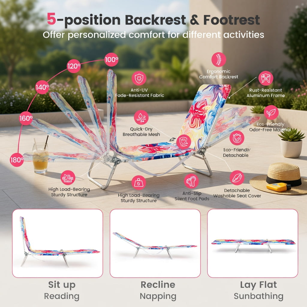 Hommoo 2-Pack Lay-Flat Beach Recliner Chairs, 5-Position Adjustable Backrest, Foldable Metal Frame, Carry Strap, Perfect for Beach, Pool & Camping, Pink