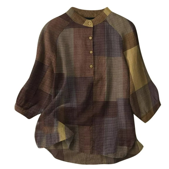 up to 60% off Gifts Usmixi Womens Summer Tops 3/4 Sleeve Round Neck Plaid Print Shirts Vintage Button Down Plus Size Comfy Cotton Linen Blouse Khaki S Up to 65% off