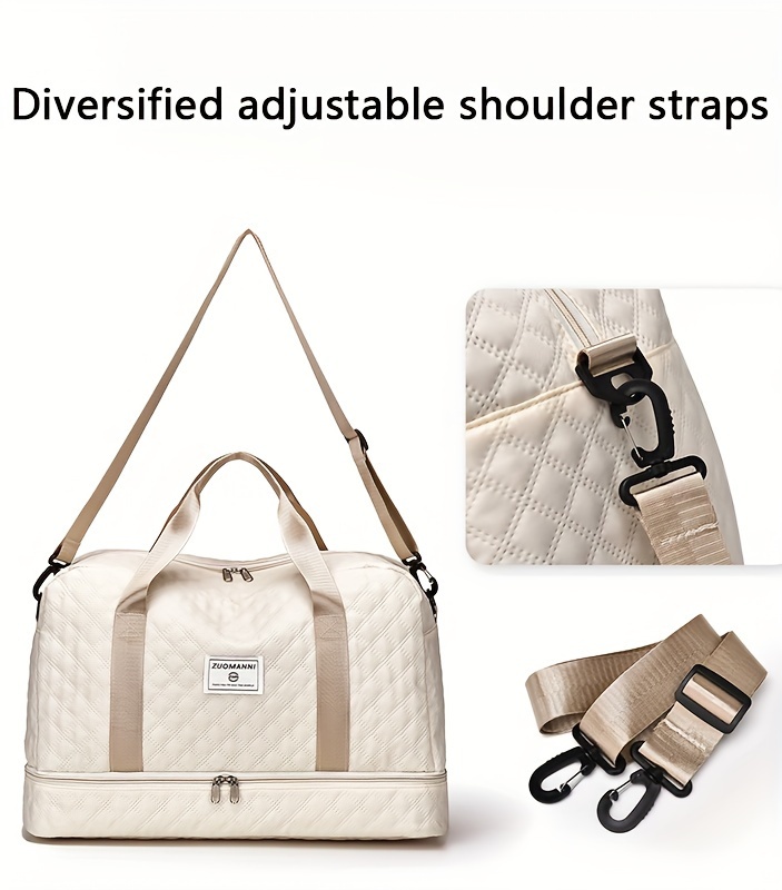 Travel Duffel Bag, Model for Women, with Wet Pocket, 1-Pack, Medium Size - Grid-beige for Overnight, Gym, Hospital Use