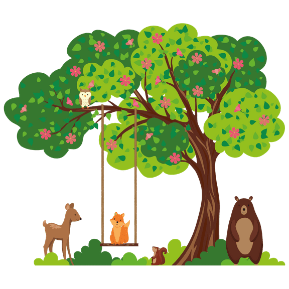 Vinyl Art Multicolored 22" x 28" Flowering Tree Swing & Animals Outdoor Scene Kids Nursery Wall Decoration Sticker Bear Deer Chipmunk Fox & Owl Design Removable Wall Decal