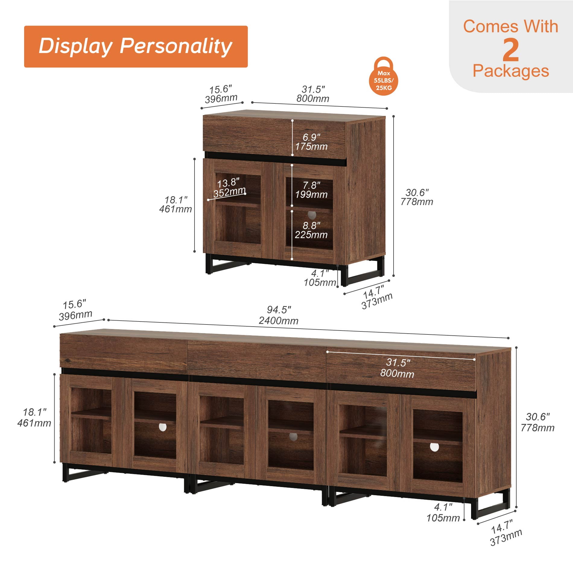 WAMPAT 3-in-1 Modern TV Stand with Glass Doors & 3 Drawers, Metal Base Entertainment Center for 110 Inch TVs, Media Console for Living Room & Bedroom