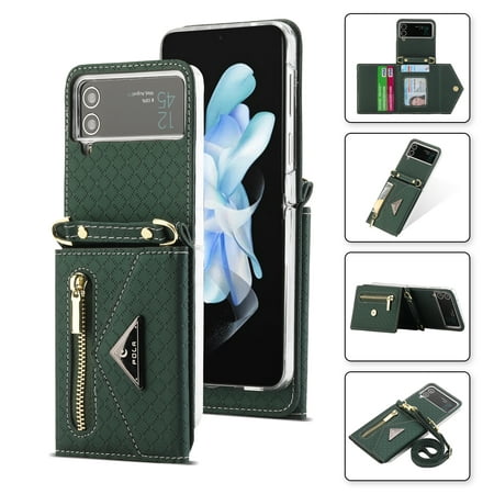 ELEHOLD for Samsung Galaxy Z Flip 4 6.7 inch Wallet Case, Zipper Purse Card Holder Crossbody Shoulder Strap Magnetic Snap Kickstand Function Shockproof Faux Leather Case for ZFlip4,Darkgreen