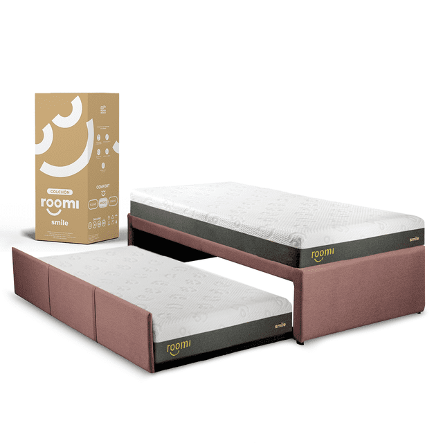 Colchón individual roomi smile 2 Pack + Bajo Cama Individual Rosa