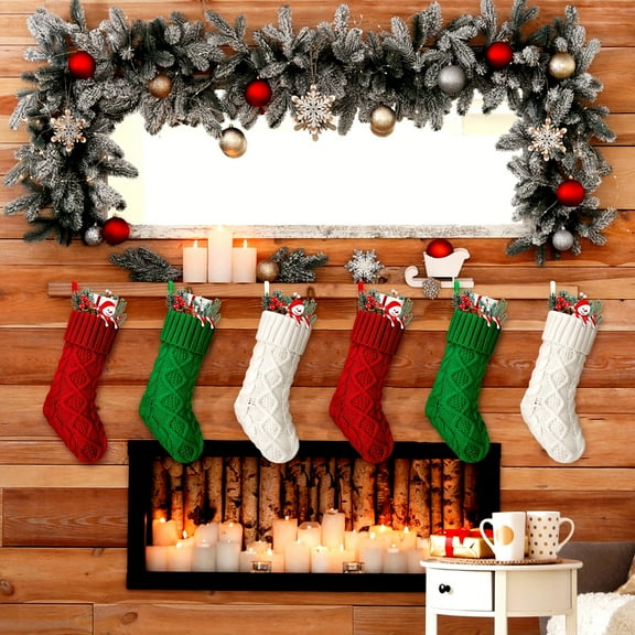 12pcs Christmas Stockings Mini Knitted Xmas Stockings Bulk 8.3 Inch Rustic Socks Double Sided Fireplace Hanging Vintage Stockings For Family Christmas Decorations (Red, Green, White)