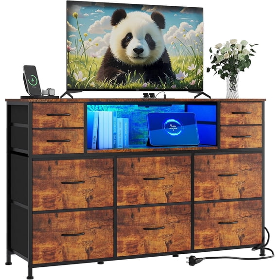 10 Fabric Drawers Dresser, Entertainment Center TV Stand with Power Outlet & LED Light for 45"-55" TV, Chest of Drawers with Wood Top and Open Shelves for Bedroom, Living Room, Hallway, Rustic Brown