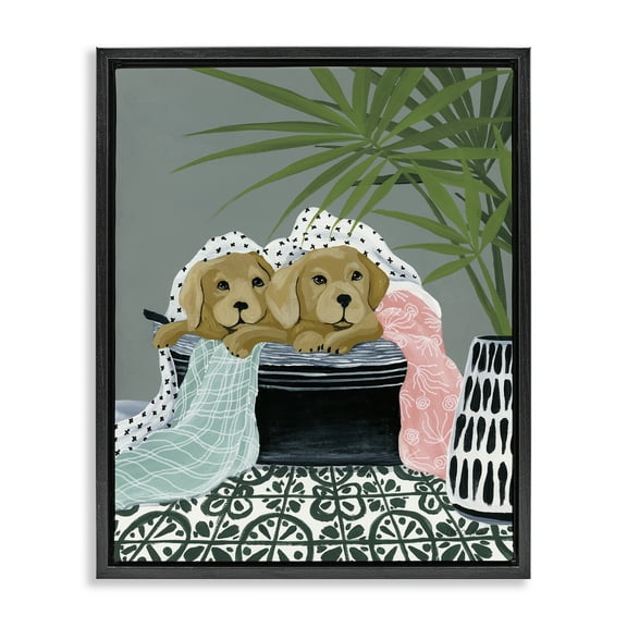 Stupell Industries Cuddling Laundry Dogs Bath & Laundry Painting Black Floater Framed Canvas Art Print Wall Art, 17 x 21