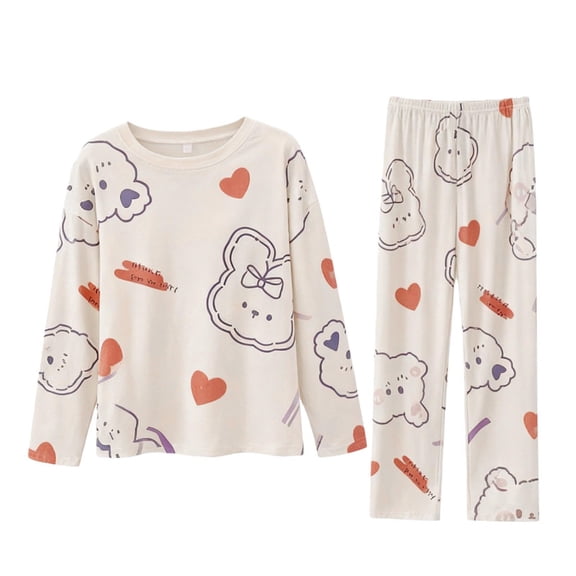 Fengactive Womens Long Sleeve Pajama Set Round Neck Solid Top and Floral Print Pants with Contrast Patch Pocket Lounge Sleepwear