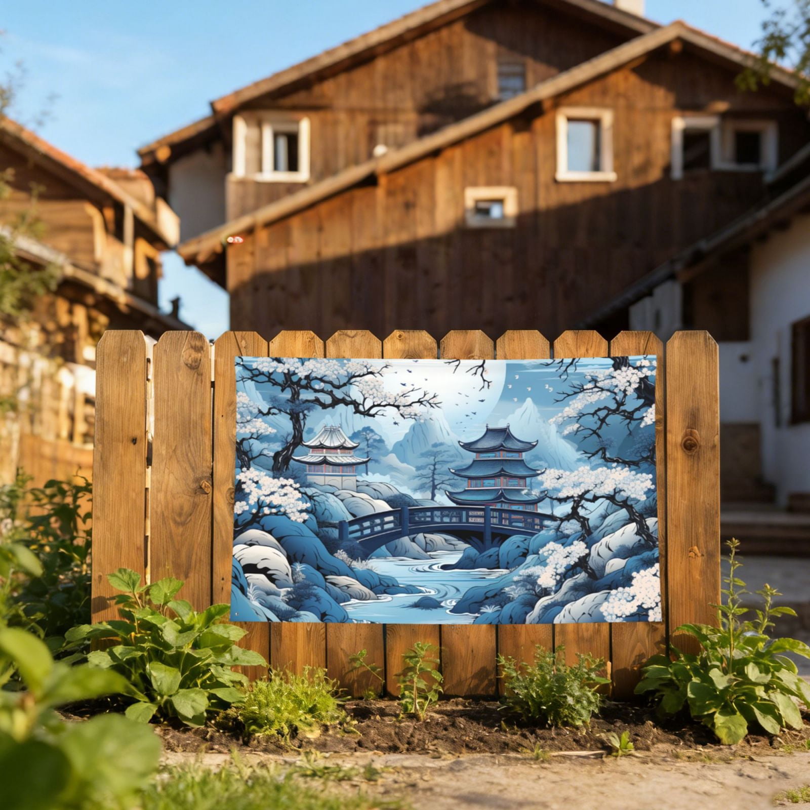 Chinese Style Powder Chinoiserie Toile Blue Four Hole Decorated Banner Flag for Garden Yard Home Decoration Indoor Outdoor 4x6 Ft