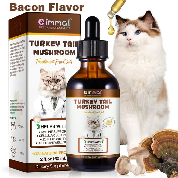 Oimmal Turkey Tail Mushroom Drops for Cats – Immune Support & Digestive Wellness Supplement with 5 Mushroom Blend, Probiotics & Turmeric – 2 fl oz Bacon Flavor