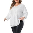 thumbnail image 4 of Agnes Orinda Women's Plus Size Halloween Outfits Sequin Tunic Top Glitter V Neck 3/4 Sleeve Party Wedding Evening Sparkly Blouse 4X Silver, 4 of 6