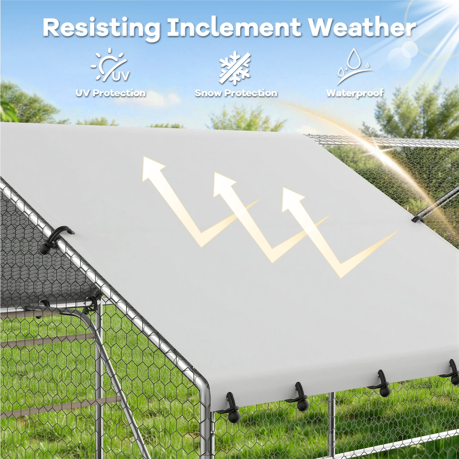 YOKWOK 13.2'Lx10'W Large Metal Chicken Coop for 8-12 Chickens, Walk-in Poultry Cage with Waterproof Cover & Chicken Perch, Heavy Duty Chicken Run for Outdoor Backyard Farm Use, Spire Roof