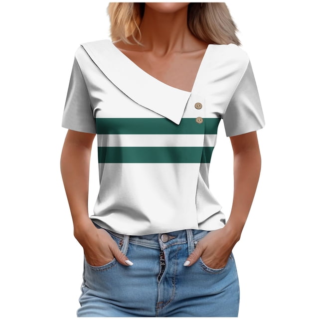 Camisetas de Manga Corta para Mujeres Casual, Camiseta con Botón Impreso a Damas para Diario, Espectáculo Y Fiesta