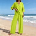 thumbnail image 2 of Women's Cotton Linen 2-Piece Outfit V-Neck Button Top Wide Leg Pants Casual Vacation Loungewear Set Green XL(XL), 2 of 7