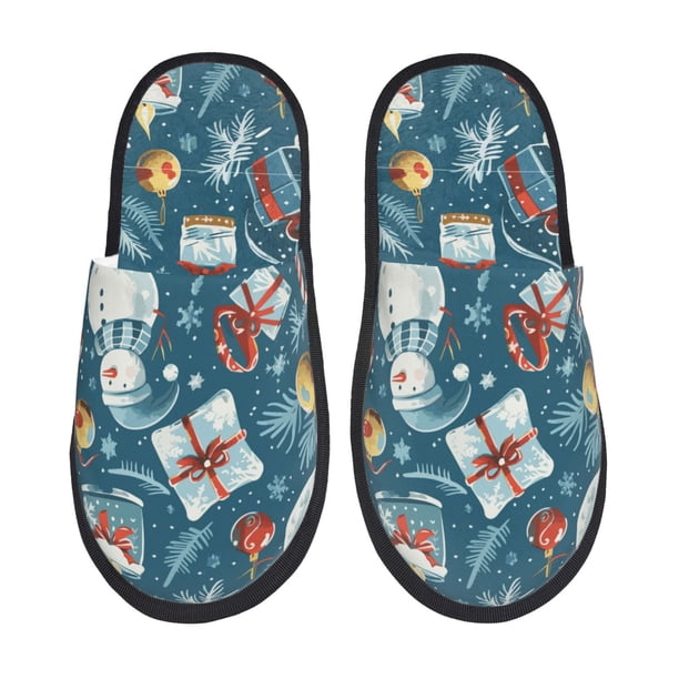Balery Christmas Snowman Gift Pantuflas de Casa de Felpa Silenciosas con Diseño Estampado, Zapatillas Cómodas Antideslizantes de Algodón para Interior-Medium