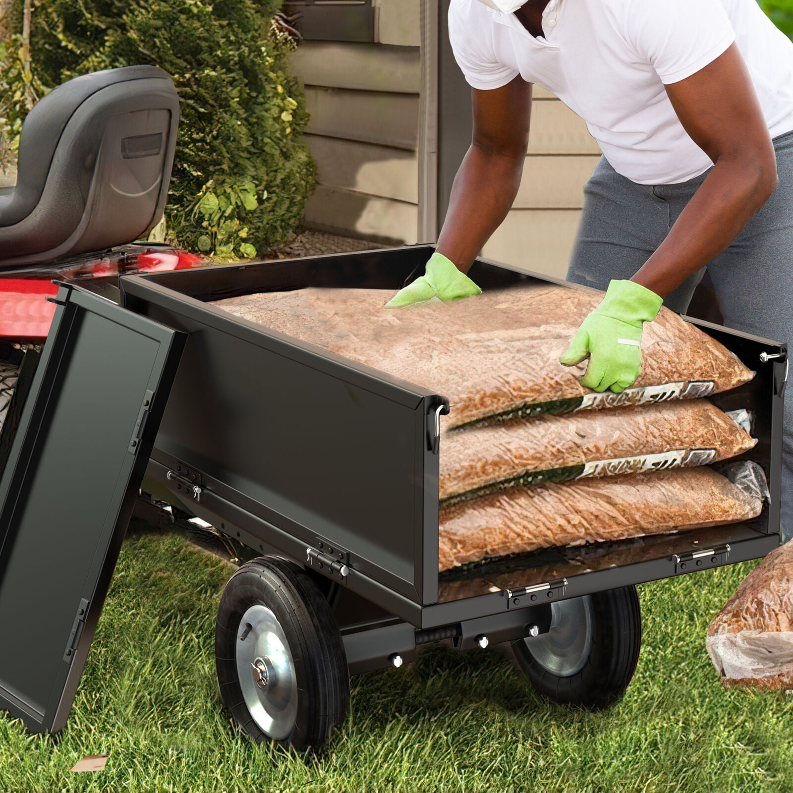 RVNI Steel Dump Cart Tow Behind Solution for Lawn Dump Tractors 500 lbs Capacity Steel