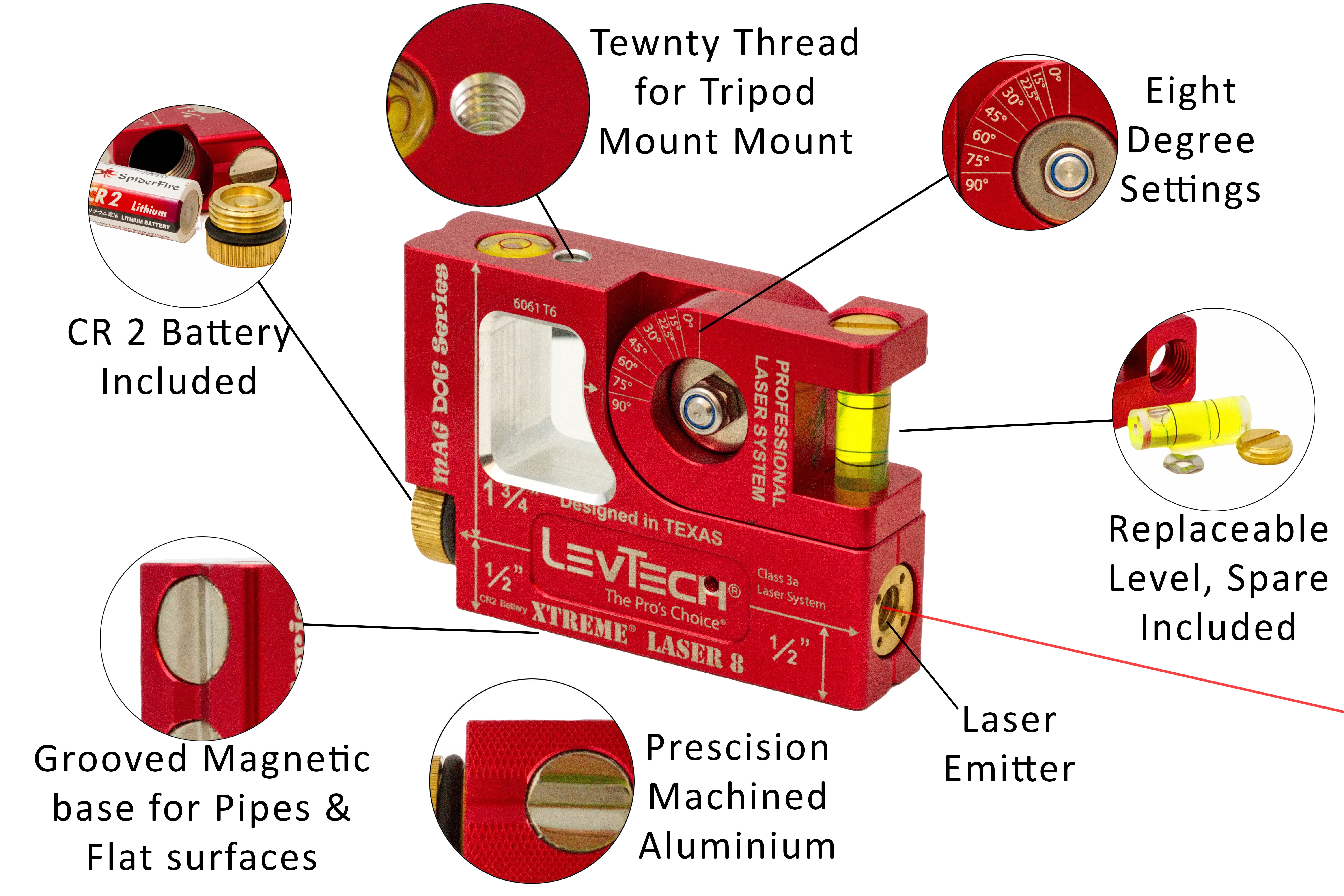 LEVTECH® Xtreme Laser Dog 8™ Laser Level – 2.24 mW Red Laser, 1/8” Accuracy at 100 ft, Billet Aluminum, Bullseye Vial, V-Groove Base