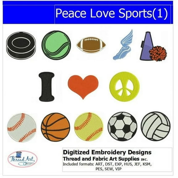 Peace Love Sports(1) Embroidery Designs - All Popular Formats Included - Loaded on USB Stick