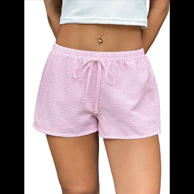 Pantalones Cortos Tipo Bóxer de Verano con Cintura Elástica, Cordón Ajustable y Estampado de Rayas para Mujer. Rosa XL