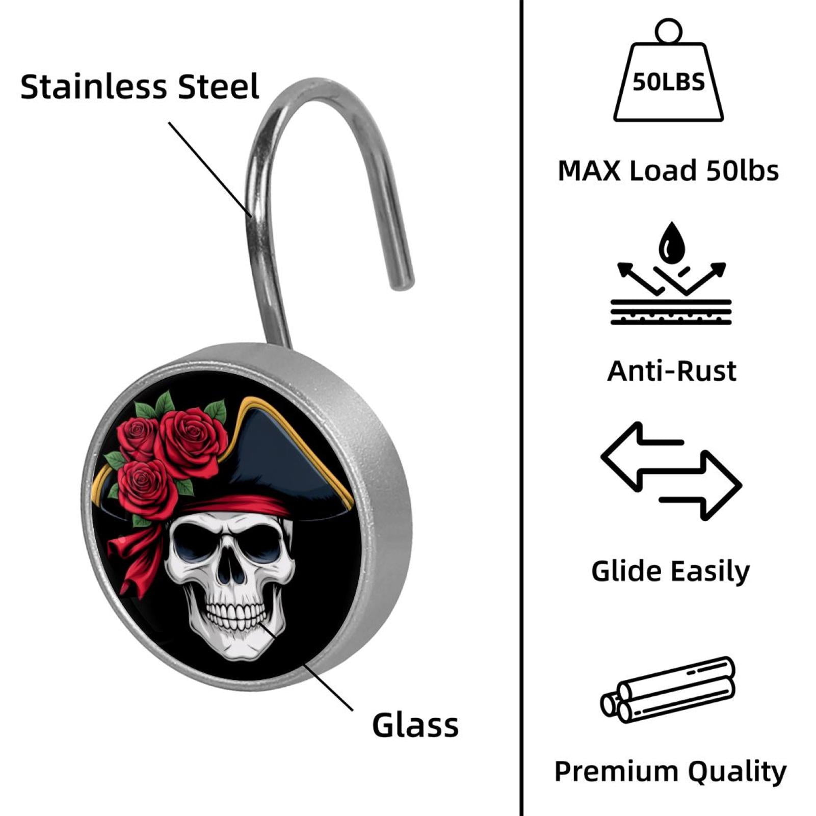 12pcs Decorative Shower Curtain Hooks, Rust Resistant Shower Rings for Bathroom Living Room,Rustproof Stainless Steel Rings for Shower Curtain and Liner Rods,Red Rose Skull