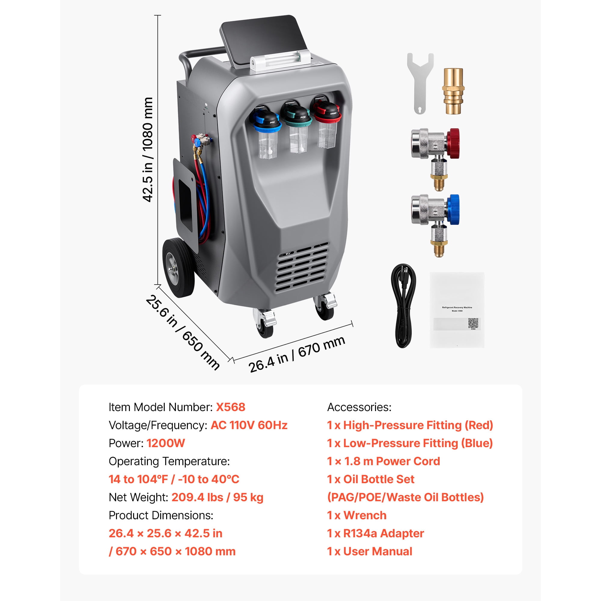 KFFKFF Fully Automatic Refrigerant Recovery Machine for R134a, High Accuracy, 10.1-Inch Touch Screen, AC Recovery, Vacuum, Recharging, and Flushing for Automotive A/C Systems